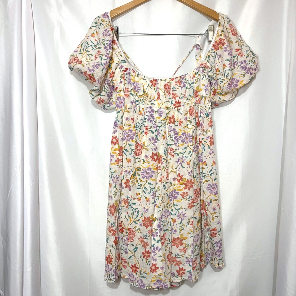 Sky to Moon‎ Floral Open Back Mini Dress White Puff Sleeve Linen Blend Large